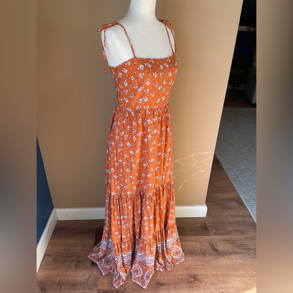 F21 Tiered Maxi Floral Sundress Size Small Shoulder‎ Ties Orange Boho Bandana